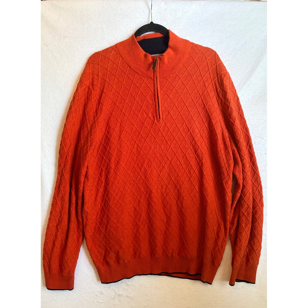 Jos A Bank Traveler Orange 100% Pima Cotton Diamond Quarter Zip‎ Sweater L